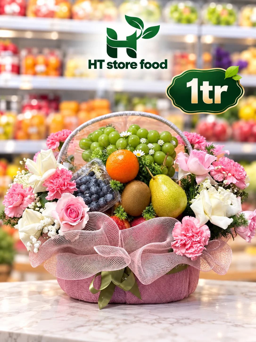 Giỏ hoa và trái cây hồng phấn