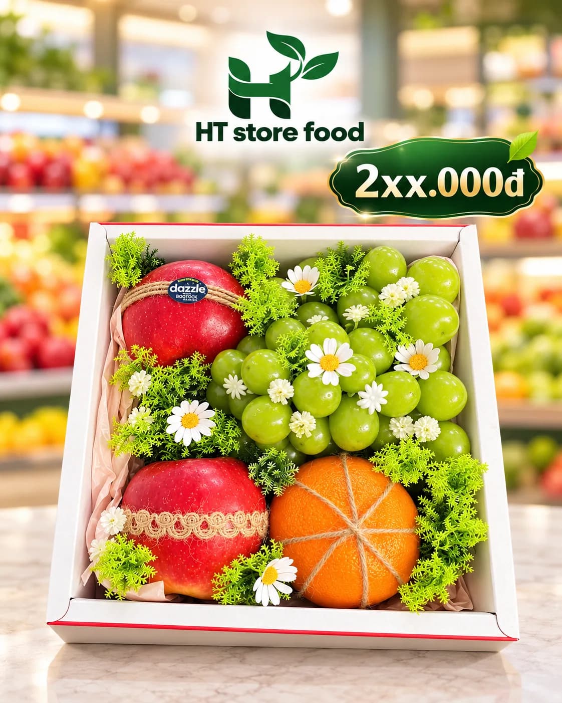 Hộp trắng táo, nho xanh, cam